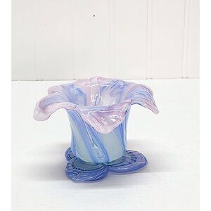 Handblown Glass Small Flower Vase With Multicolor Swirls & Petal-Shaped Rim